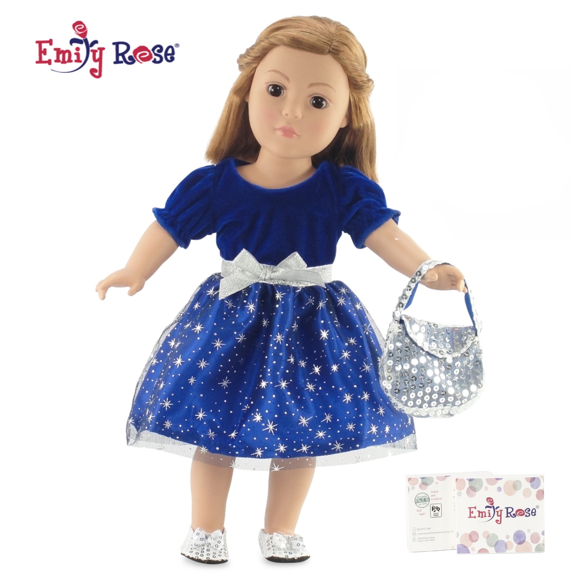 18 Inch Doll Clothes | Gorgeous Midnight Star Holiday or Party Dress Outfit with Silver Sequin Shoes and Purse | Fits 18" American Girl Dolls | Gift-boxed!