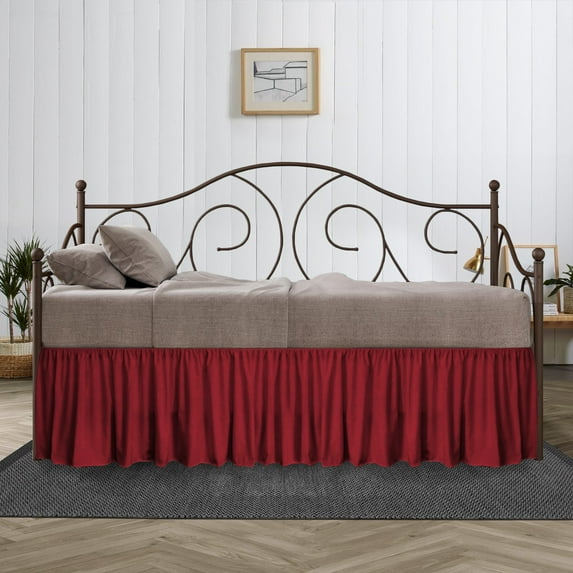 18 Inch Drop Full Size Burgundy Solid Day Bed Skirt Lightweight Ruffled Pattern Split Corner Premium Hotal Quality With Flexible Elastic & Fade Resistent