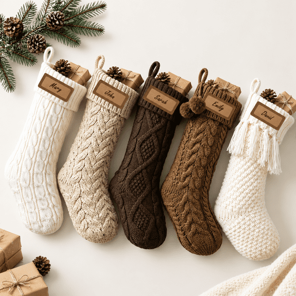 18 Inch Earth Tones Cable Knit Christmas Stockings, 5 Pack Neutral Cozy Hanging Holiday Decor