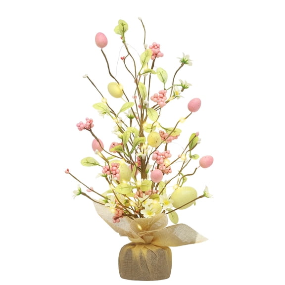 18 Inch Easter Decorations Pre-Lit Easter Egg Tree Tabletop Decor with Delicate Ornaments, for Home Party Wedding Holiday Spring Summer Decoration, Yellow/Pink.