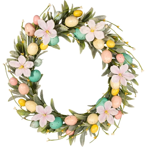 18 Inch Easter Wreaths for Front Door, Pastel Egg Wreath with Magnolia and Lamb's Ear Leaves, Small Floral Wall Wreath for Indoor Decor Spring Easter Table Centerpiece Decorations