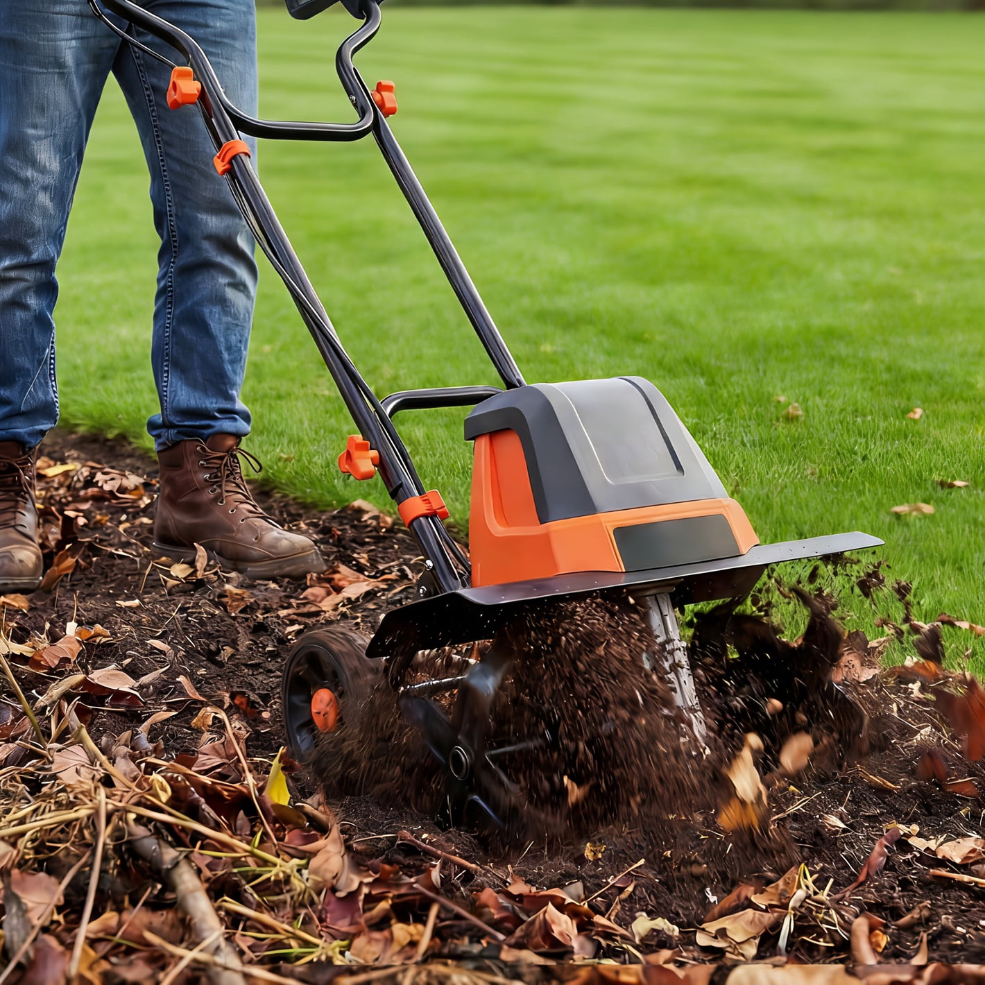 18-Inch Electric Garden Tiller & Cultivator, 15-Amp Corded Soil Tiller with 9-Inch Depth, 4-Position Adjustable Wheels, Foldable Handle, Overload Protection for Lawn & Garden Soil Preparation