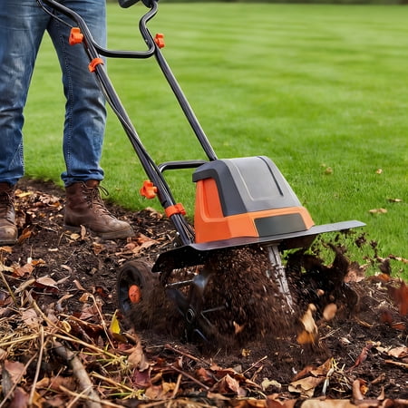 18-Inch Electric Garden Tiller & Cultivator, 15-Amp Corded Soil Tiller with 9-Inch Depth, 4-Position Adjustable Wheels, Foldable Handle, Overload Protection for Lawn & Garden Soil Preparation