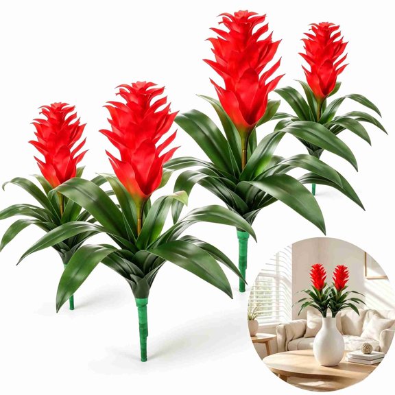 18 Inch Fake Red Bromeliad Flower Stems 4 Pack, Artificial Tropical Guzmania Plant Picks for Luau Party Poolside Vase Decor