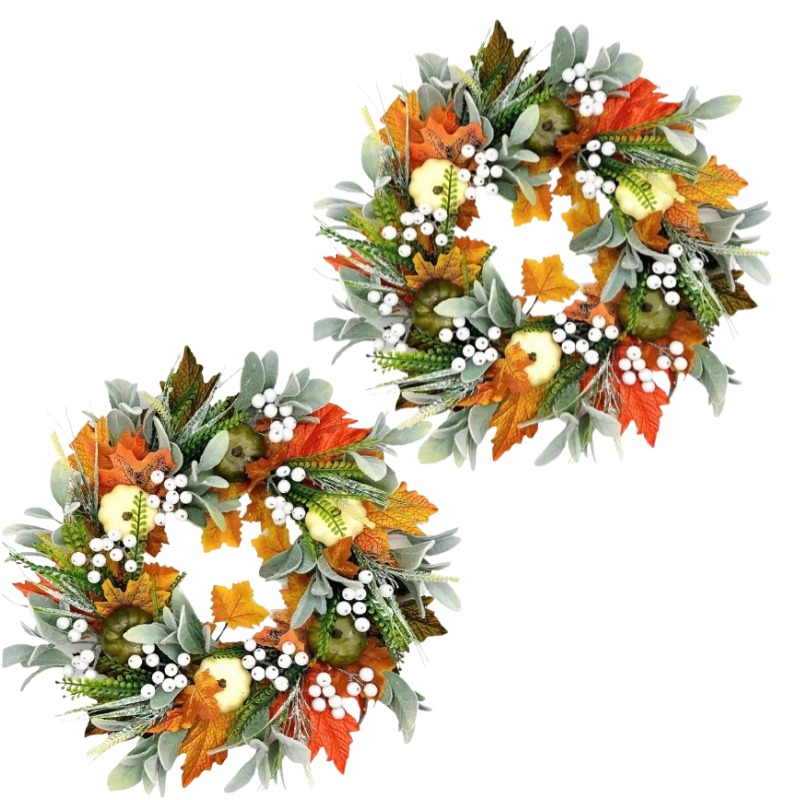18 Inch Fall Harvest Festival Wreath with Maple Leaves, Mini Pumpkins ...