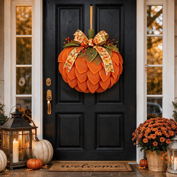 16 Inch Fall Pumpkin Wreath for Front Door, Pumpkin Autumn Wreath, Orange Harvest Thanksgiving Decor for Indoor Outdoor and Farmhouse