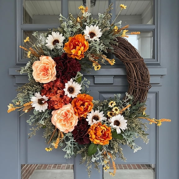 18 Inch Fall Sunflower Peony Front Door Wreath, Autumn Harvest Thanksgiving Artificial Silk Flower Wreath, Rustic Farmhouse Hanging Wreath for Front Door Window Wall Indoor Outdoor Home Holiday Decor