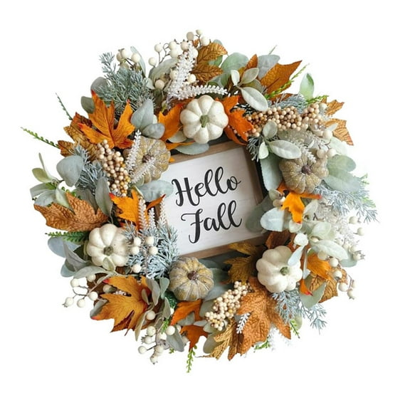 18 Inch Fall Wreath Autumn Decorations for Front Door with Maple Leaves Pumpkins and Berries Harvest Thanksgiving Halloween Farmhouse Decor Indoor Outdoor Wall Window Hanging,