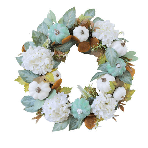 18 Inch Fall Wreath for Front Door, Artificial Autumn Wreath with White & Mint Pumpkins, Hydrangeas, Maple Leaves, Farmhouse Harvest Wreath for Thanksgiving Halloween Indoor Outdoor Home