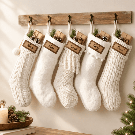 18 Inch Farmhouse Christmas Stockings Set of 5, Plush and Cable Knitted Holiday Decor