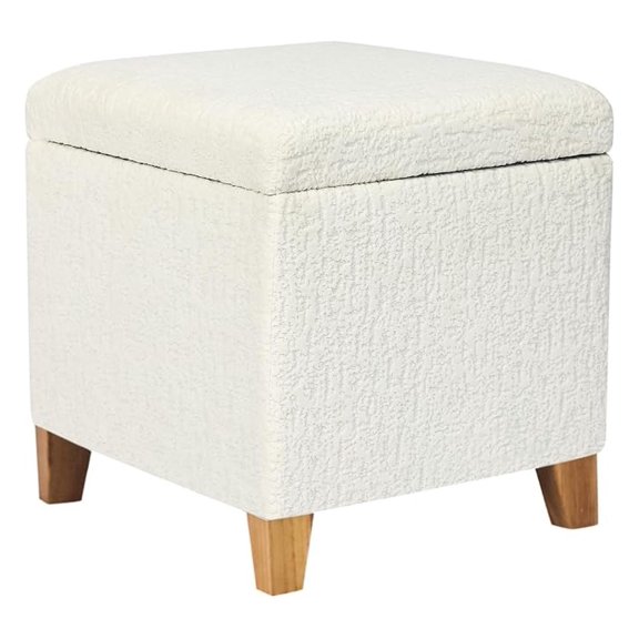 18 Inch Faux Fur Ottoman Storage Cube, White Embossed Foot Stool, Upholstered Vanity Seat with Lid, Solid Wood Legs