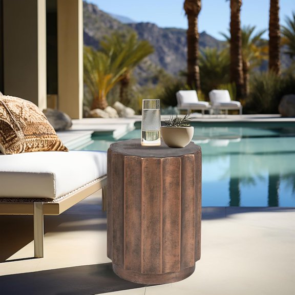18 Inch Fiber Stone Outdoor Side Table Bronze Finish Garden End Table Round Porch Poolside Seating Indoor Outdoor Use