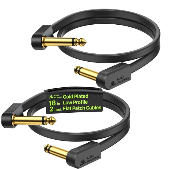 18 Inch Flat Guitar Patch Cables 2 Pack, Gold-Plated Ultra Compact Ribbon Pedal Cable, Kevlar Reinforced 1/4 Pedal Board Cable, 100% OFC Shielded Short Guitar Pedalboard Cord 1.5ft