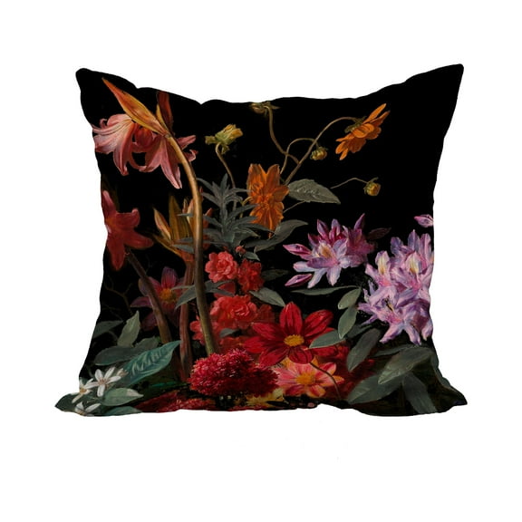 18 Inch Floral Craze Black Floral Print Decorative Polyester Throw Pillow with Linen Texture