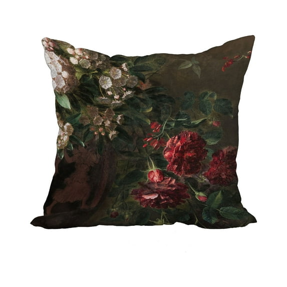 18 Inch Floral Fancy Red Floral Print Decorative Polyester Throw Pillow with Linen Texture