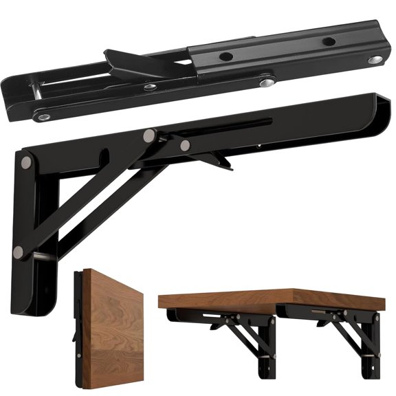 18 Inch Folding Shelf Brackets Max Load 580 lb, Black Collapsible Heavy Duty Brackets for Table Bench - Space Saving, 2 Pack(18 inches)