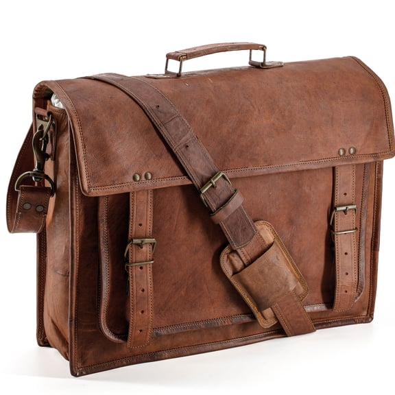 18-Inch Full Grain Leather Laptop Messenger Bag – Vintage Briefcase with Concealed Push Locks & Shoulder Strap for Men, Fits up to 17.5" Laptop