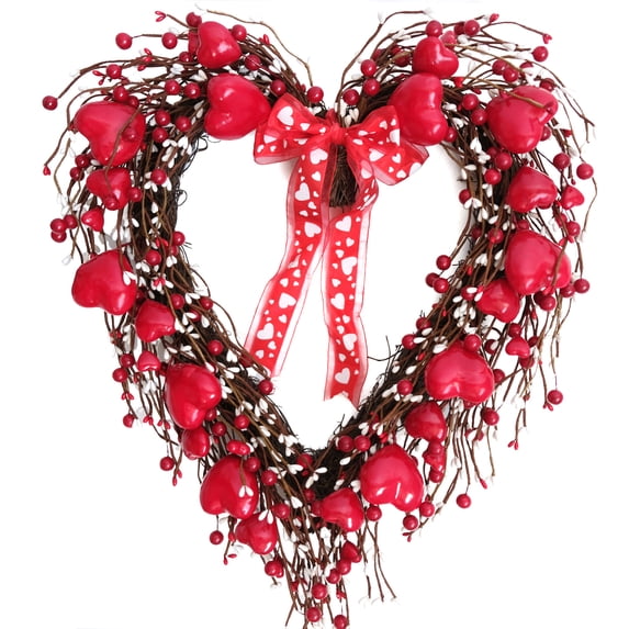 18 Inch Grapevine Red heart Shape Berries Wreath For Front Door, Valentines Day Heart Shape Wreath With Red Ribbon For Home Decor, Valentines Day Inside And Outside Wreath