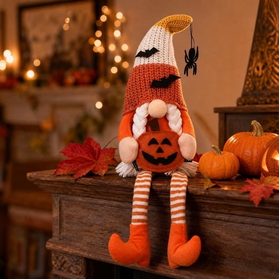 18 Inch Halloween Gnome Plush with Dangling Legs, Handmade Sitting Elf Dwarf Figurines Dolls with Pumpkin Witch Hat, Autumn Shelf Sitters Gifts for Holiday Harvest Kitchen Table Decor (B)