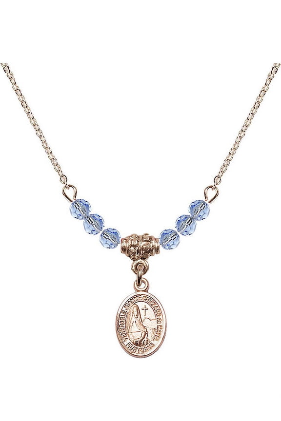 18-Inch Hamilton Gold Plated Necklace w/ 4mm Light Blue September Birth Month Stone Beads & Saint Jeanne Chezard de Matel