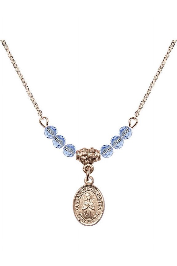 18-Inch Hamilton Gold Plated Necklace w/ 4mm Light Blue September Birth Month Stone Beads and Our Lady of Rosa Mystica Charm
