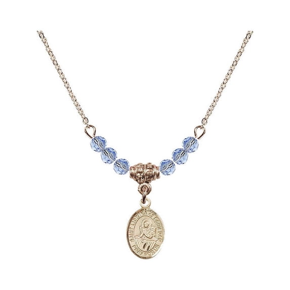 18-Inch Hamilton Gold Plated Necklace w/ 4mm Light Blue September Birth Month Stone Beads and Saint Lidwina of Schiedam Charm