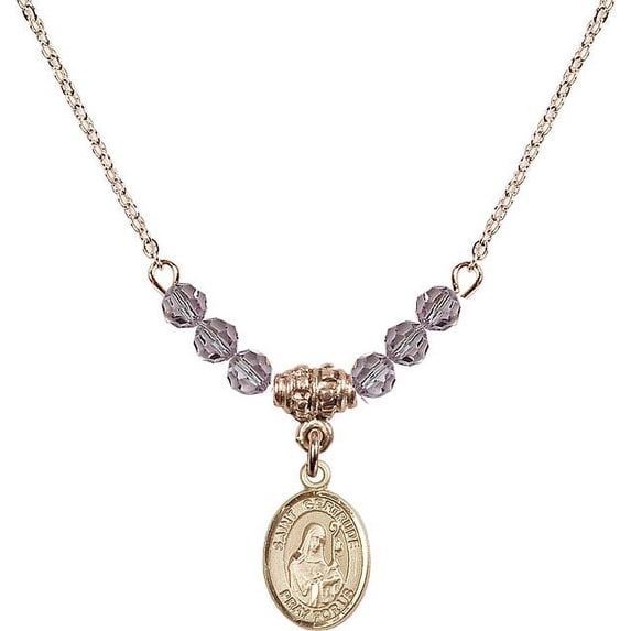 18-Inch Hamilton Gold Plated Necklace w/ 4mm Light Purple February Birth Month Stone Beads & Saint Gertrude of Nivelles Charm