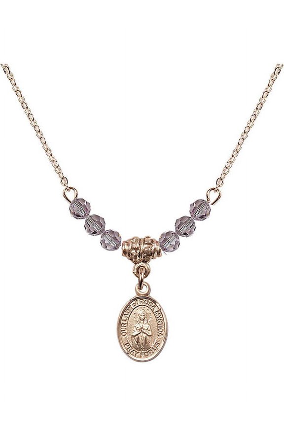 18-Inch Hamilton Gold Plated Necklace w/ 4mm Light Purple February Birth Month Stone Beads and Our Lady of Rosa Mystica Charm