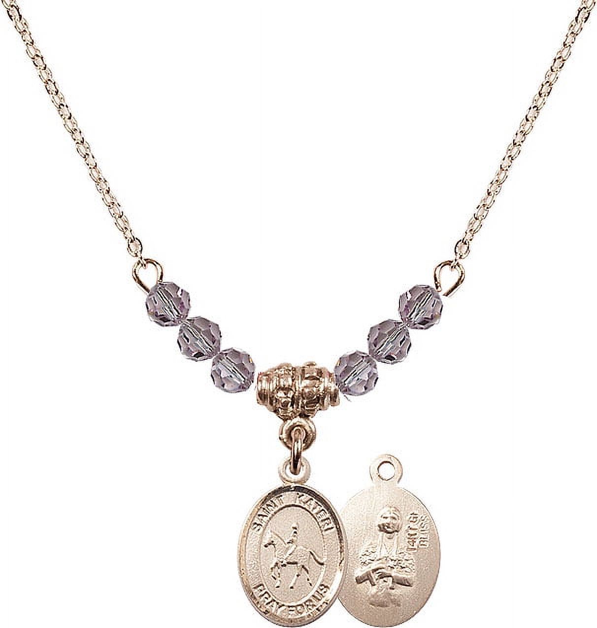 18-Inch Hamilton Gold Plated Necklace w/ 4mm Light Purple February Birth Month Stone Beads and Saint Kateri/Equestrian Charm