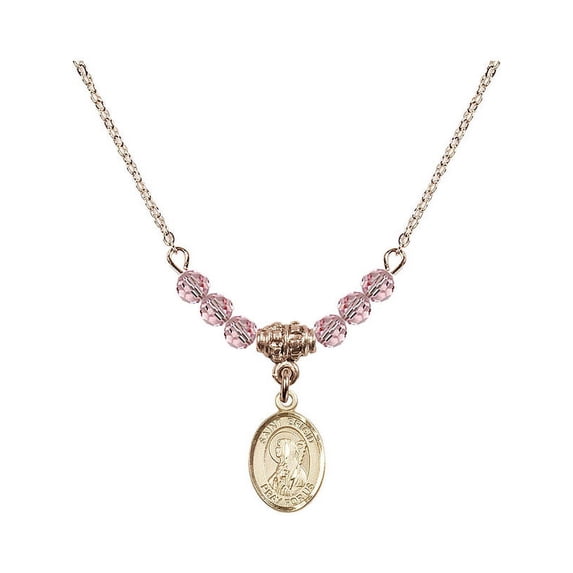 18-Inch Hamilton Gold Plated Necklace w/ 4mm Light Rose Pink October Birth Month Stone Beads & Saint Brigid of Ireland Charm