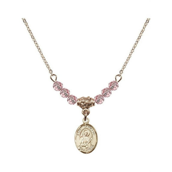 18-Inch Hamilton Gold Plated Necklace w/ 4mm Light Rose Pink October Birth Month Stone Beads & Saint Camillus of Lellis Charm