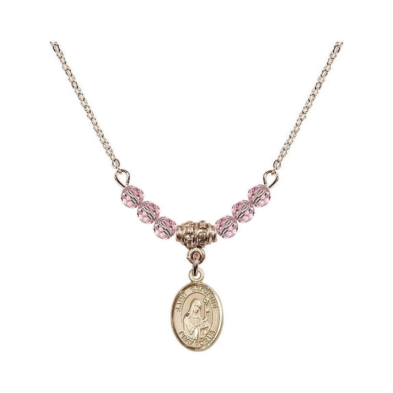 18-Inch Hamilton Gold Plated Necklace w/ 4mm Light Rose Pink October Birth Month Stone Beads & Saint Gertrude of Nivelles