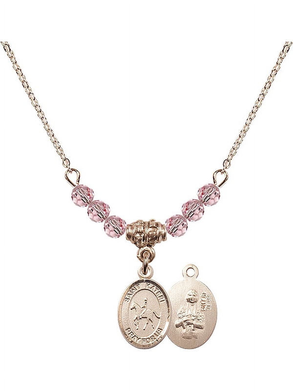 18-Inch Hamilton Gold Plated Necklace w/ 4mm Light Rose Pink October Birth Month Stone Beads & Saint Kateri/Equestrian Charm