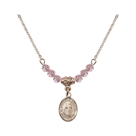 18-Inch Hamilton Gold Plated Necklace w/ 4mm Light Rose Pink October Birth Month Stone Beads & Saint Raymond of Penafort