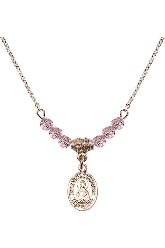 18-Inch Hamilton Gold Plated Necklace w/ 4mm Light Rose Pink October Birth Month Stone Beads and Saint Lydia Purpuraria Charm