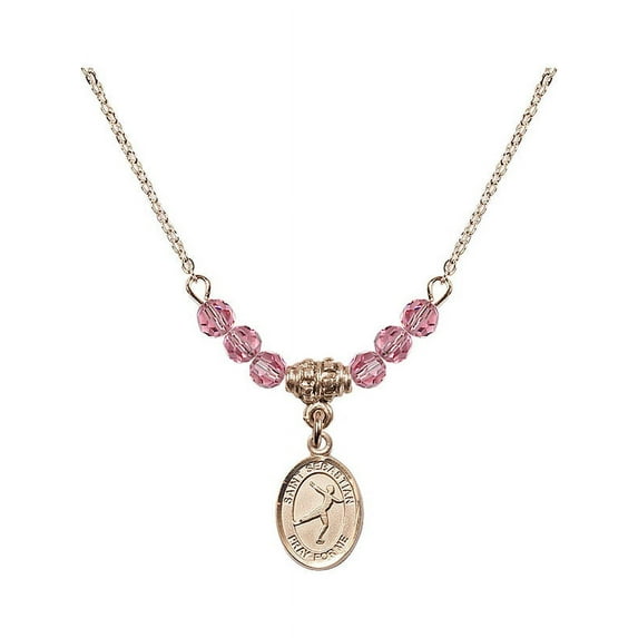 18-Inch Hamilton Gold Plated Necklace w/ 4mm Rose Pink October Birth Month Stone Beads & Saint Sebastian/Figure Skating Charm