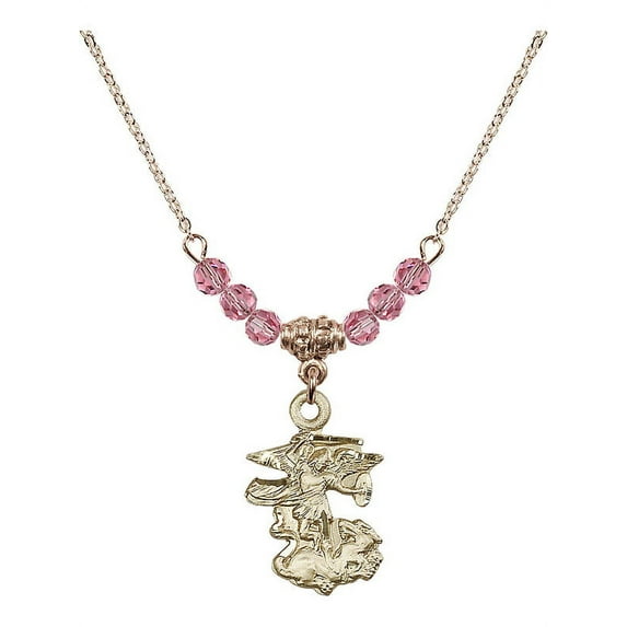 18-Inch Hamilton Gold Plated Necklace w/ 4mm Rose Pink October Birth Month Stone Beads and Saint Michael the Archangel Charm