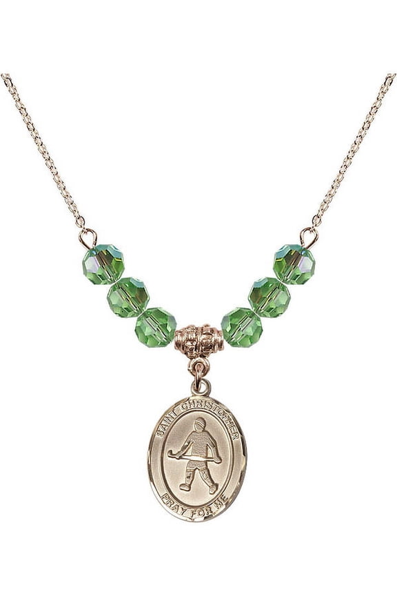 18-Inch Hamilton Gold Plated Necklace w/ 6mm Green August Birth Month Stone Beads and Saint Christopher / Field Hockey Charm