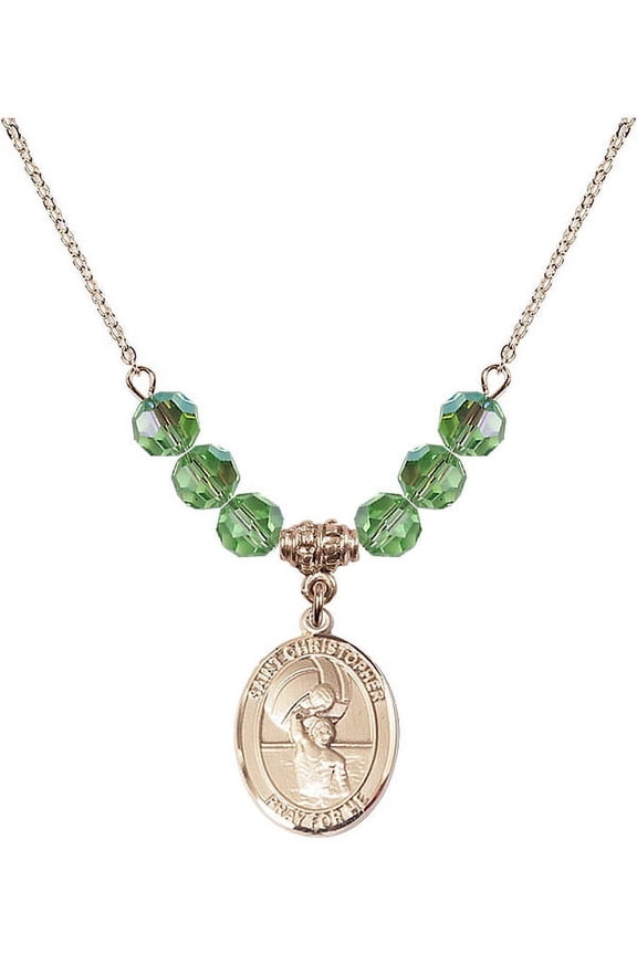 18-Inch Hamilton Gold Plated Necklace w/ 6mm Green August Birth Month Stone Beads and Saint Christopher/Water Polo-Men Charm