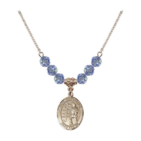18-Inch Hamilton Gold Plated Necklace w/ 6mm Light Blue September Birth Month Stone Beads & Saint Christopher / Karate Charm