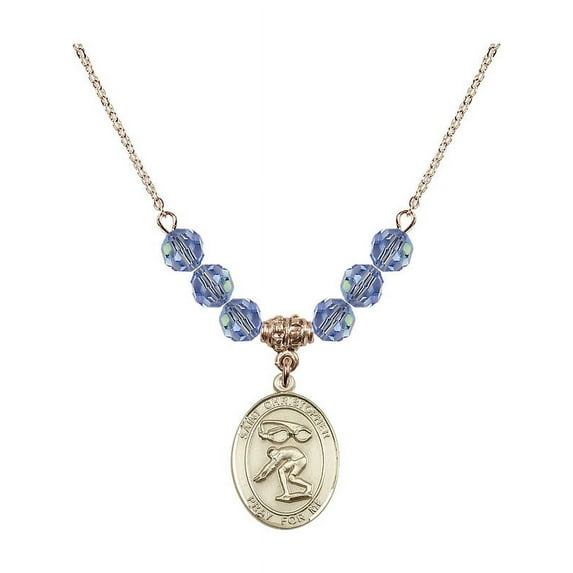 18-Inch Hamilton Gold Plated Necklace w/ 6mm Light Blue September Birth Month Stone Beads & Saint Christopher/Swimming Charm