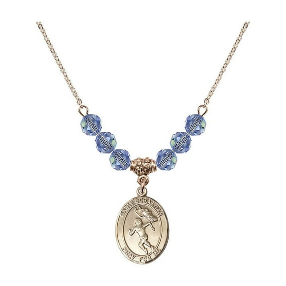 18-Inch Hamilton Gold Plated Necklace w/ 6mm Light Blue September Birth Month Stone & Saint Sebastian /Track&Field-Women