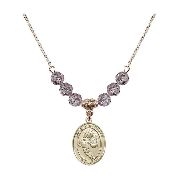 18-Inch Hamilton Gold Plated Necklace w/ 6mm Light Purple February Birth Month Stone Beads & Saint Christopher/Basketball