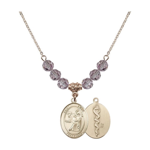 18-Inch Hamilton Gold Plated Necklace w/ 6mm Light Purple February Birth Month Stone Beads & Saint Luke the Apostle / Doctor