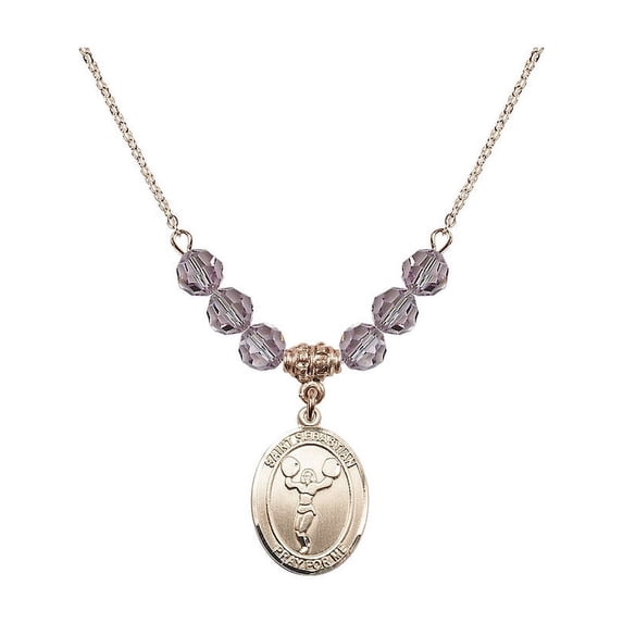 18-Inch Hamilton Gold Plated Necklace w/ 6mm Light Purple February Birth Month Stone Beads & Saint Sebastian/Cheerleading