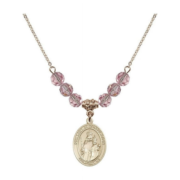 18-Inch Hamilton Gold Plated Necklace w/ 6mm Light Rose Pink October Birth Month Stone Beads & Our Lady of Consolation Charm