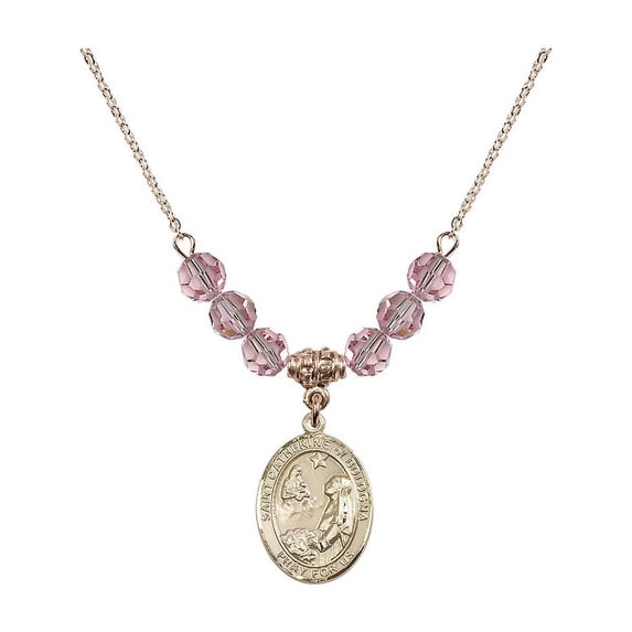 18-Inch Hamilton Gold Plated Necklace w/ 6mm Light Rose Pink October Birth Month Stone Beads & Saint Catherine of Bologna