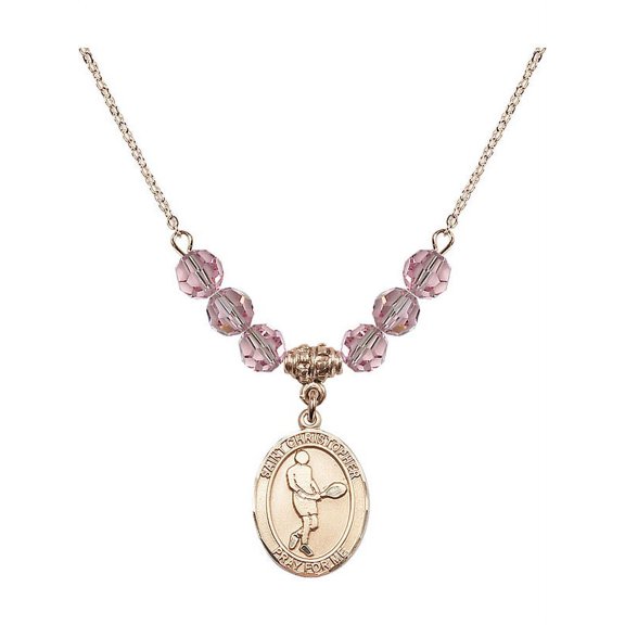 18-Inch Hamilton Gold Plated Necklace w/ 6mm Light Rose Pink October Birth Month Stone Beads & Saint Christopher/Tennis Charm