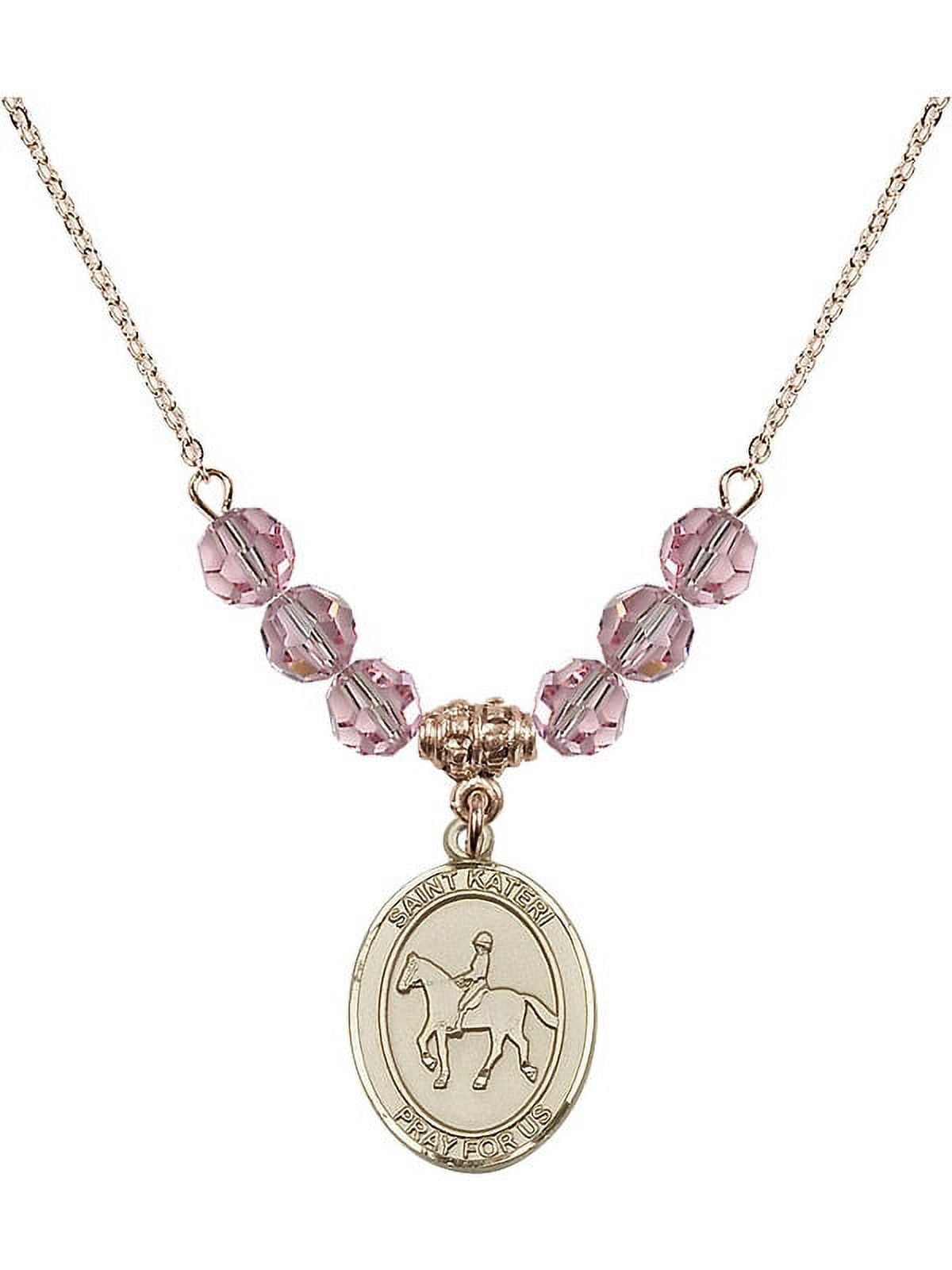 18-Inch Hamilton Gold Plated Necklace w/ 6mm Light Rose Pink October Birth Month Stone Beads & Saint Kateri/Equestrian Charm