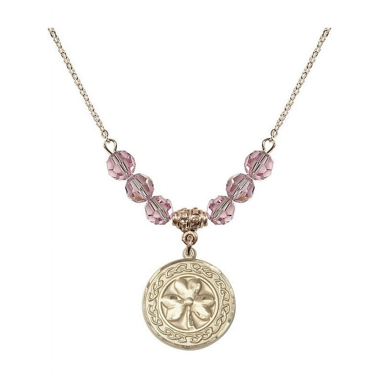 18-Inch Hamilton Gold Plated Necklace w/ 6mm Light Rose Pink October Birth  Month Stone Beads & Shamrock w/ Celtic Border